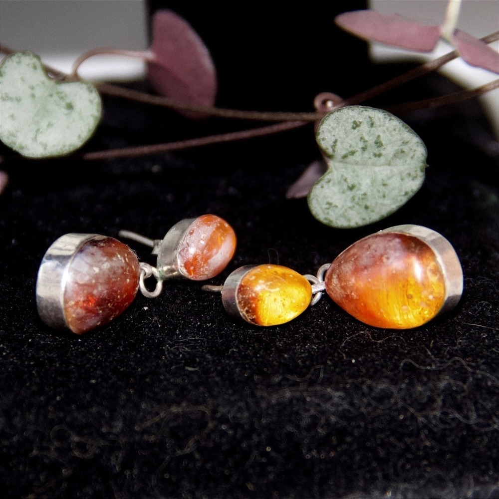Sterling Silver Baltic Amber Teardrop Dangle Earrings 925 Cognac Honey  Stud